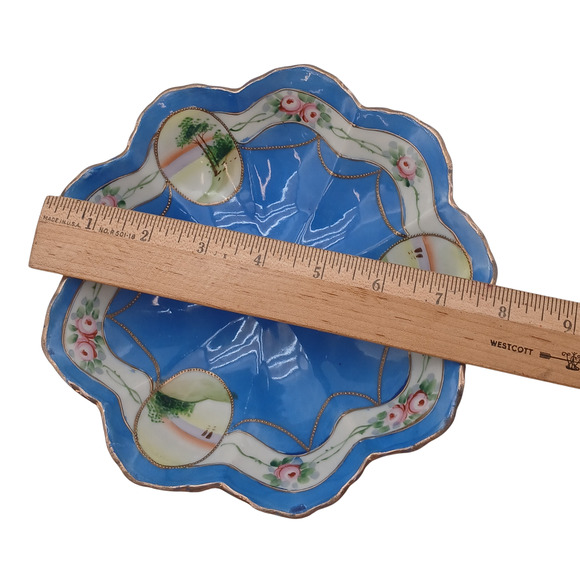 VTG Hand Painted Porcelain Scalloped Dish Blue Floral Gold Trim Japan Plate Bowl - Picture 5 of 6